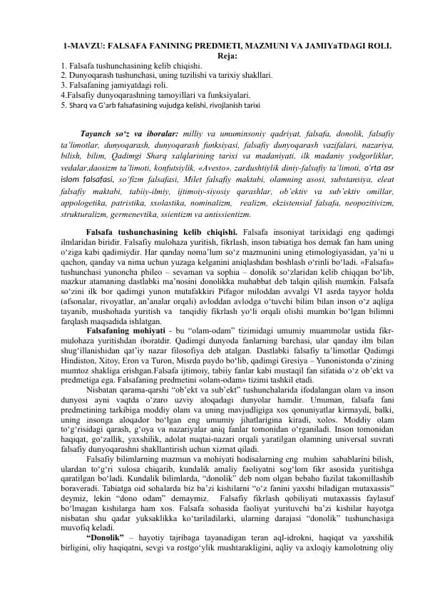 Falsafa fanining predmeti, mazmuni va jamiyatdagi roli