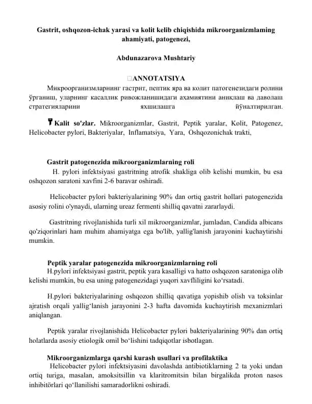 Gastrit, oshqozon-ichak yarasi va kolit patogenezi va mikroorganizmlarning roli