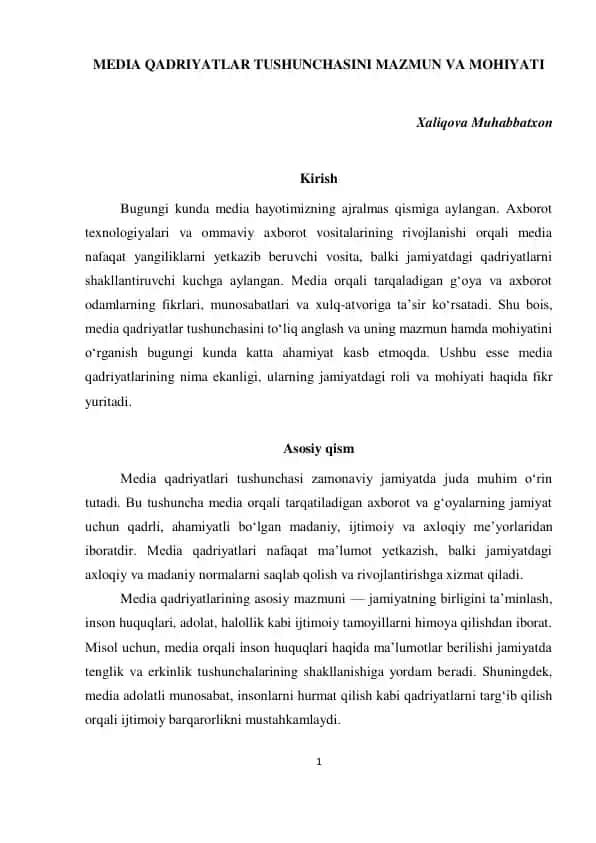 MEDIA QADRIYATLAR TUSHUNCHASINI MAZMUN VA MOHIYATI