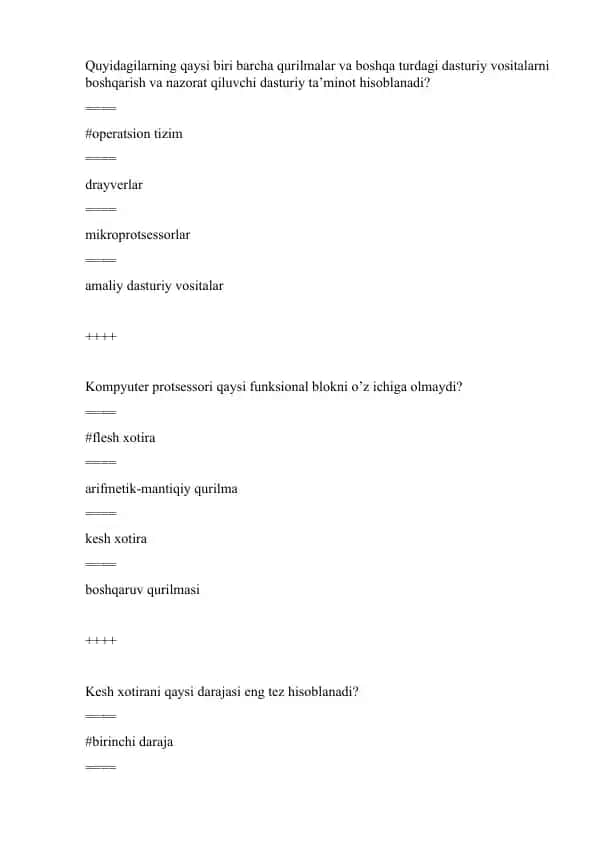 Kompyuter protsessorlari haqida test
