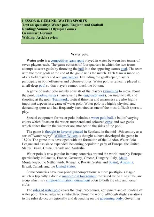 LESSON 8. GERUND. WATER SPORTS