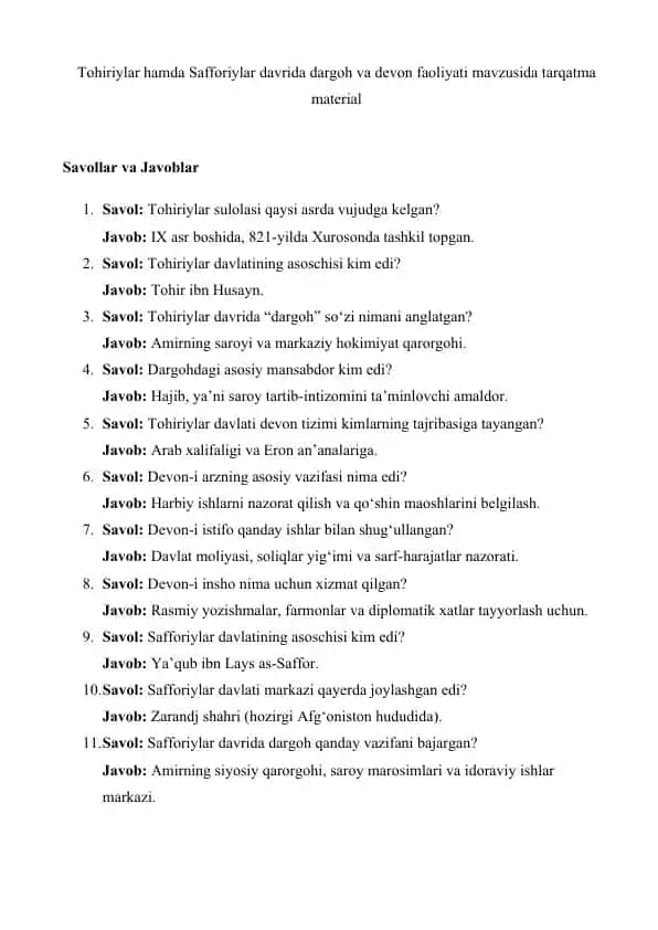Tohiriylar hamda Safforiylar davrida dargoh va devon faoliyati mavzusida tarqatma material 25