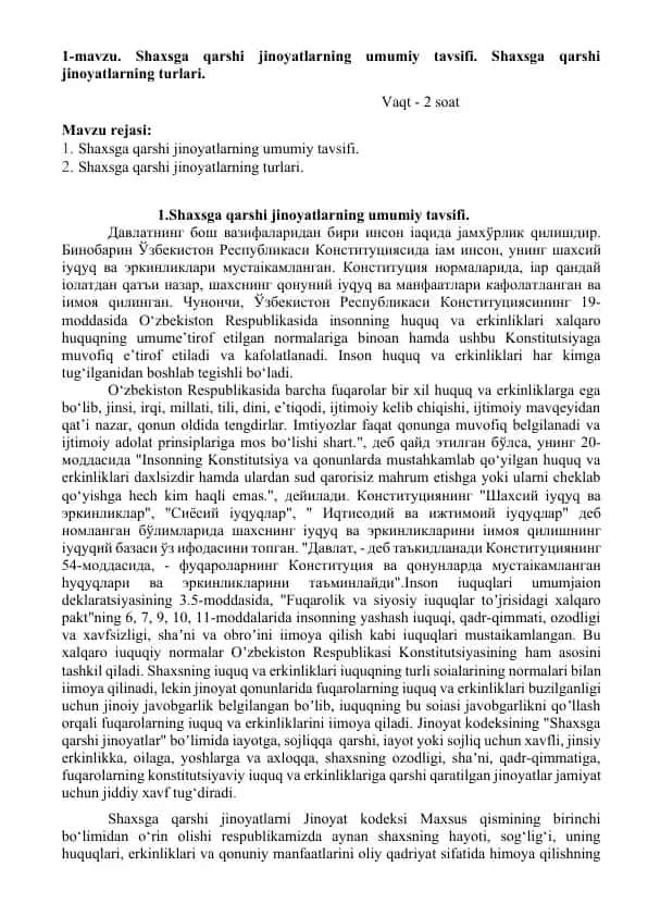 Shaxsga qarshi jinoyatlarning umumiy tavsifi