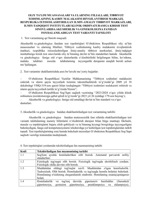 Akusherlik va Ginekologiya Test varianti