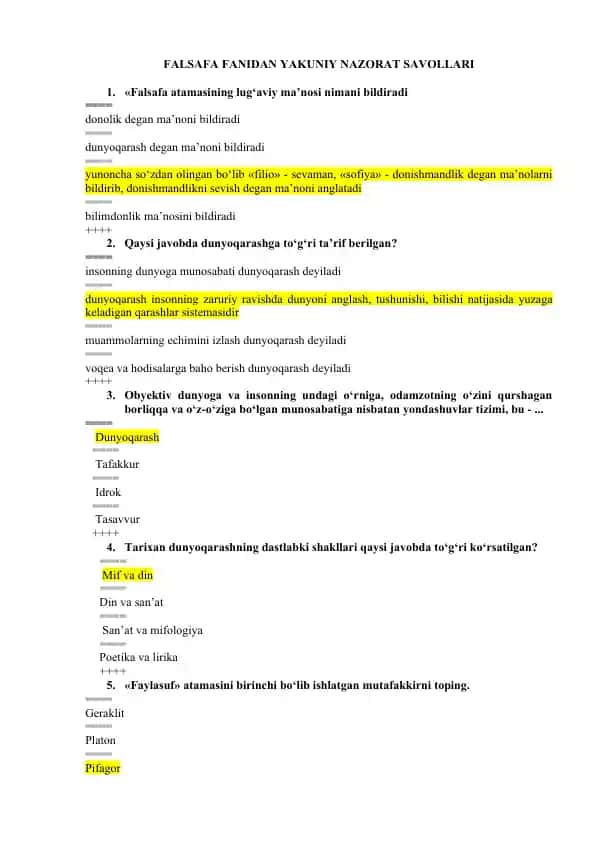 Falsafa Fanidan Yakuniy Nazorat Savollari