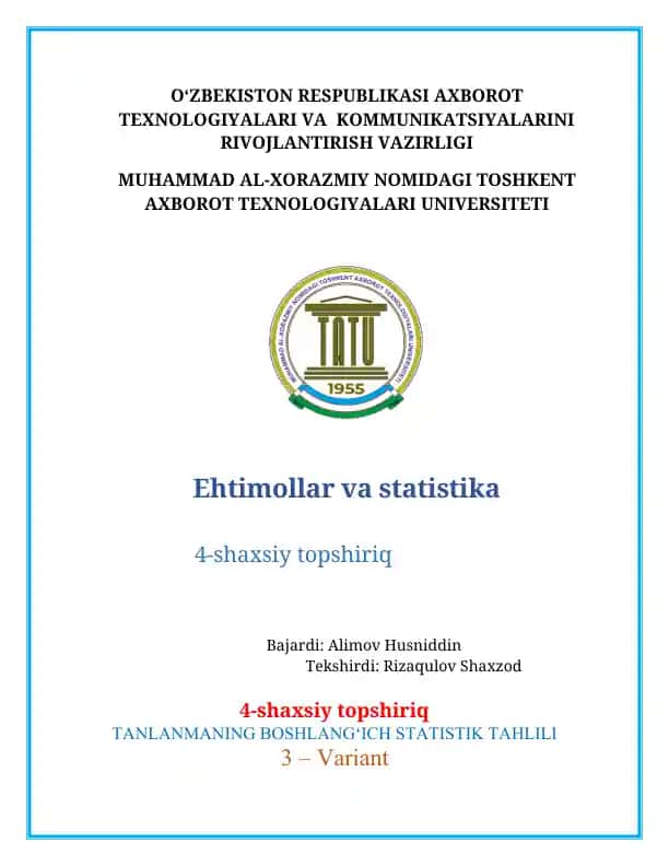 TANLANMANING BOSHLANGʻICH STATISTIK TAHLILI