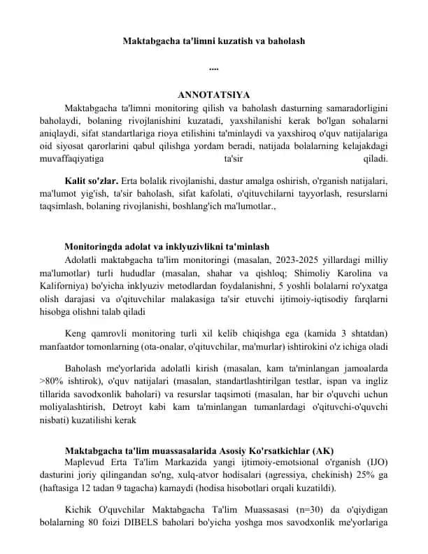 Maktabgacha ta'limni kuzatish va baholash