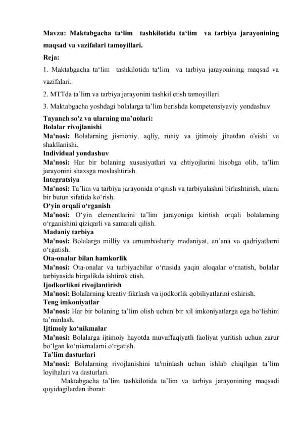 Ta‘lim va tarbiya jarayonining maqsad va vazifalari