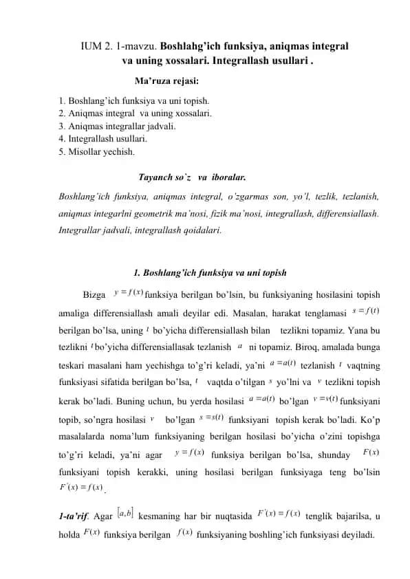 Boshlang’ich funksiya, aniqmas integral va uning xossalari