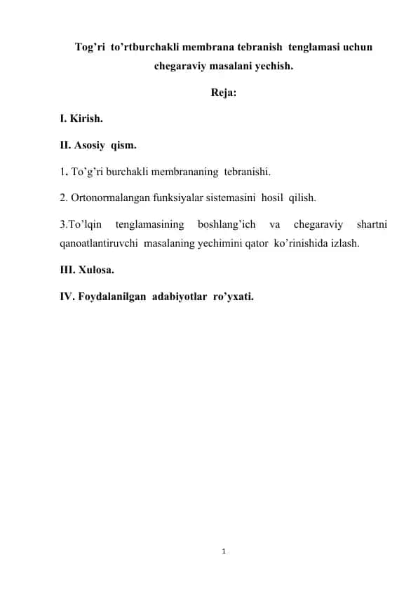 Tog’ri to’rtburchakli membrana tebranish tenglamasi