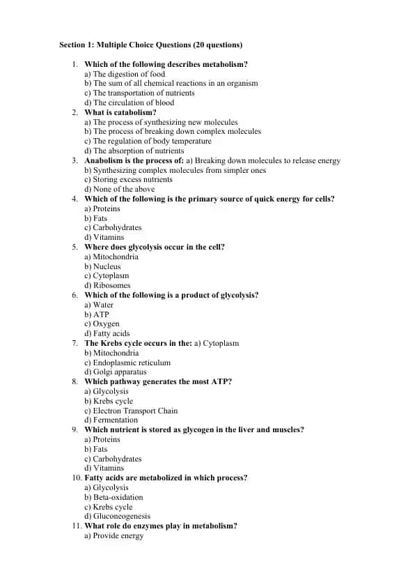 Metabolism Multiple Choice Questions