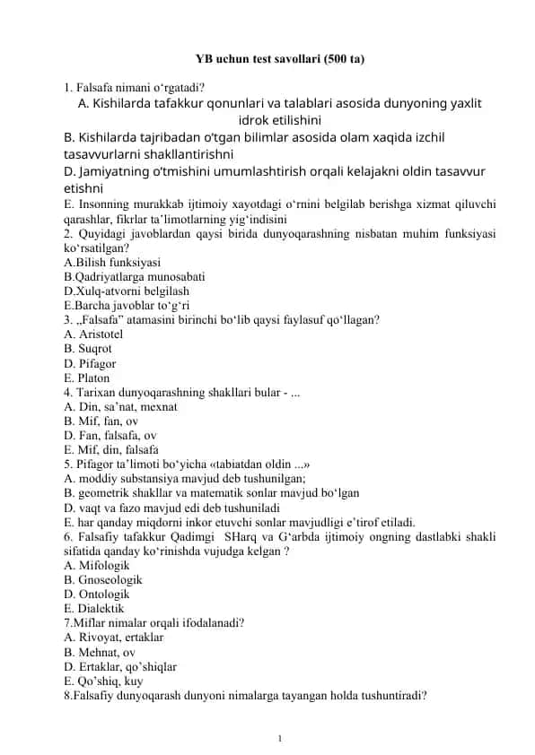 YB uchun test savollari (500 ta)