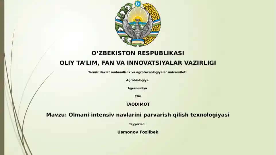 Olmani intensiv navlarini parvarish qilish texnologiyasi