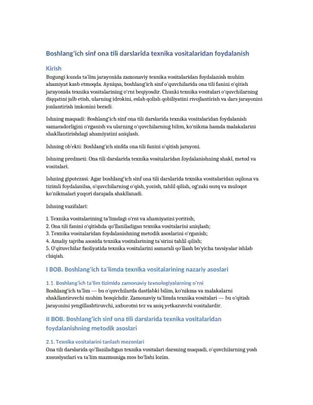 Boshlang‘ich sinf ona tili darslarida texnika vositalaridan foydalanish