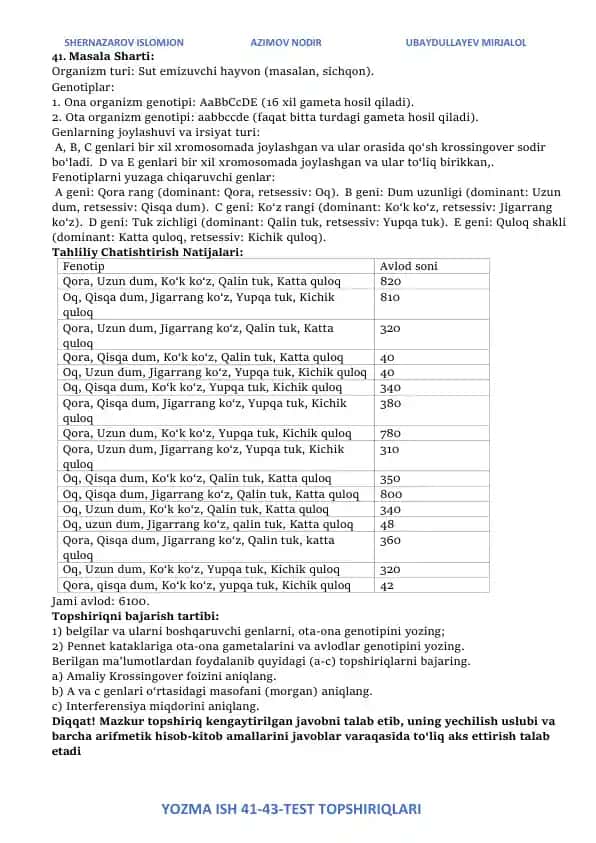 Genetik sinov test topshiriqlari
