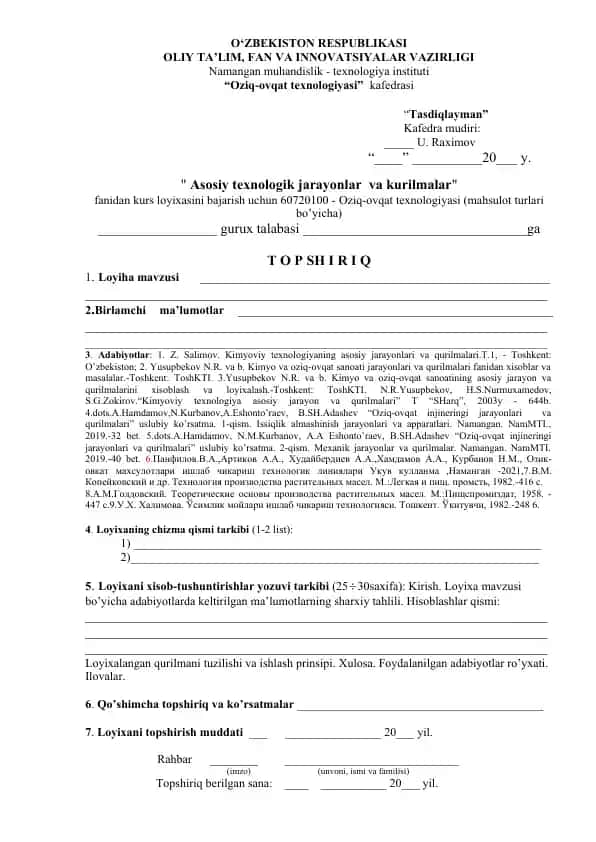 Asosiy texnologik jarayonlar va kurilmalar