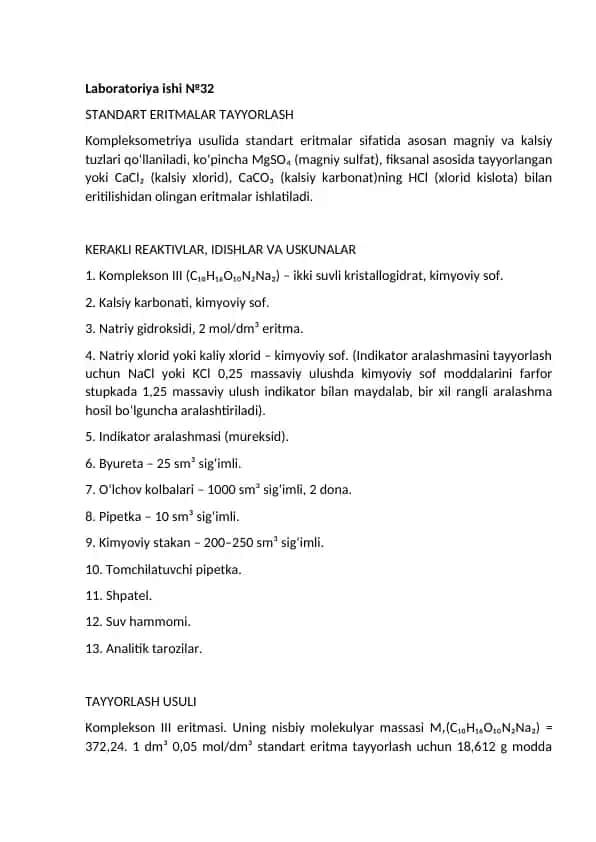 Standart eritmalar tayyorlash bo‘yicha mustaqil ish