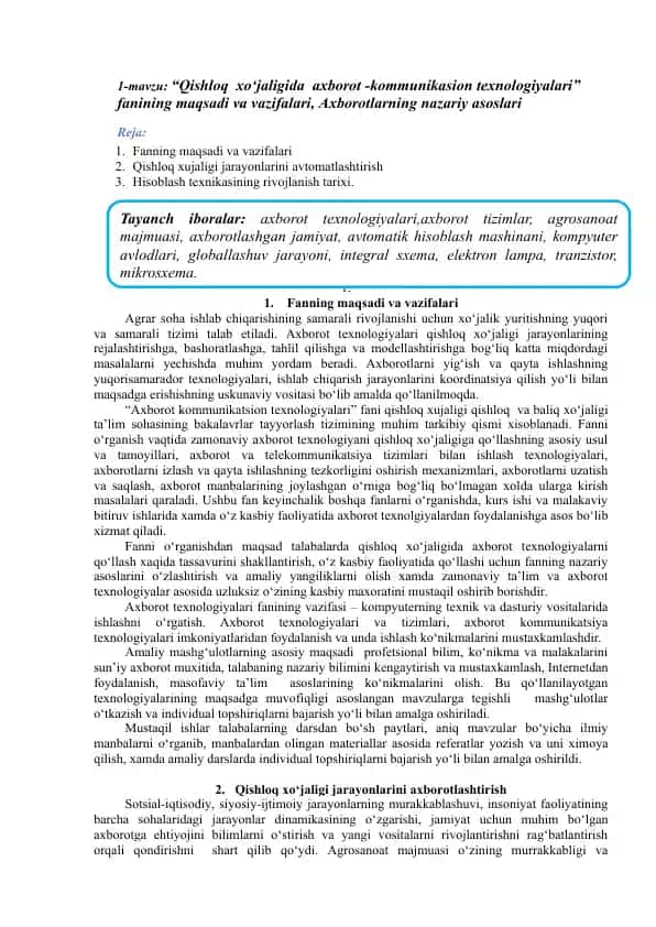 Qishloq xo‘jaligida axborot-kommunikasion texnologiyalari