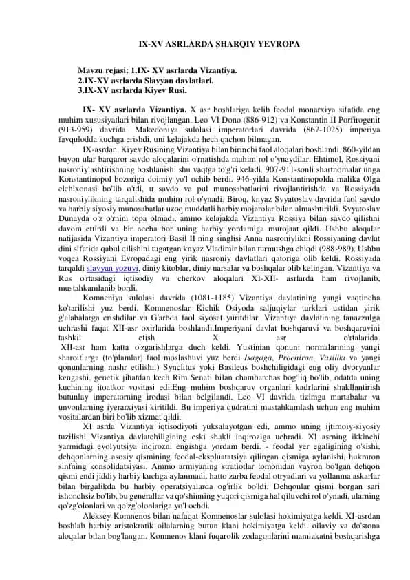 IX-XV ASRLARDA SHARQIY YEVROPA