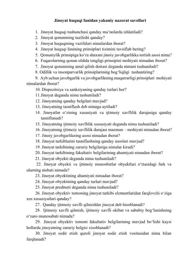 Jinoyat huquqi fanidan yakuniy nazorat savollari