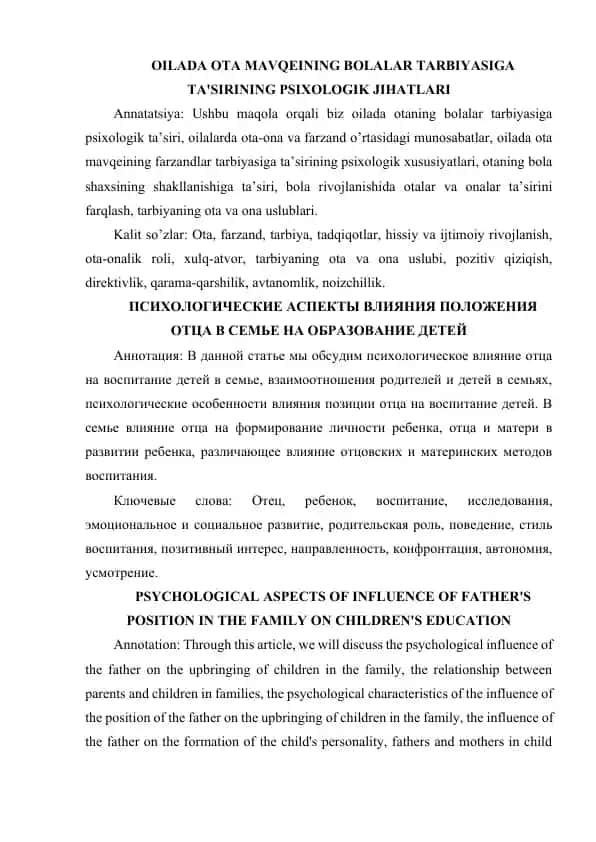 OILADA OTA MAVQEINING BOLALAR TARBIYASIGA TA'SIRINING PSIXOLOGIK JIHATLARI