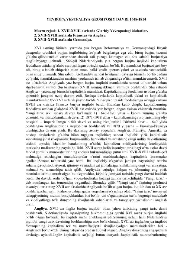 YEVROPA.VESTFALIYA GEOSIYOSIY DAVRI 1648-1814