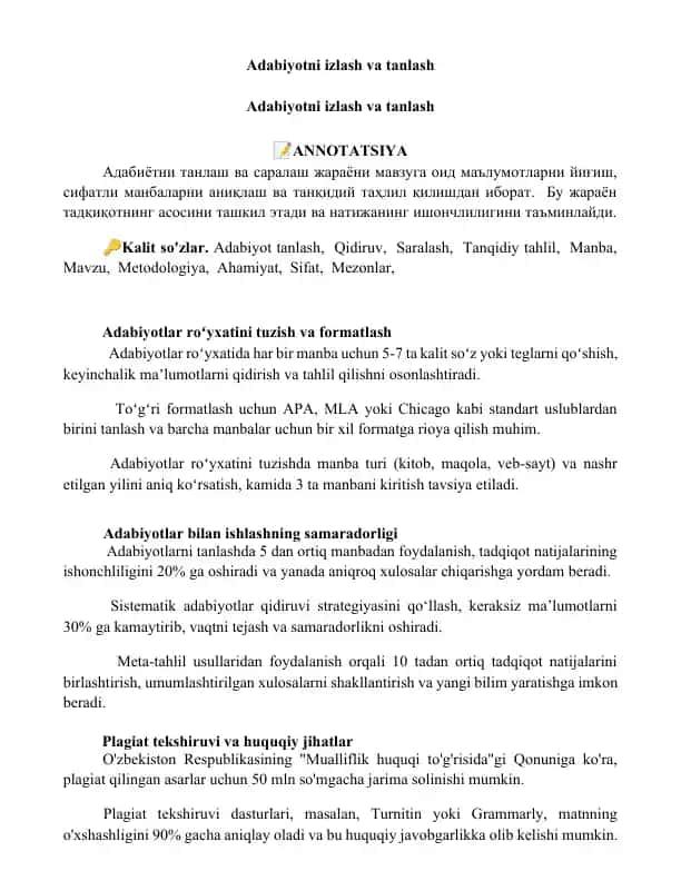 Adabiyotni izlash va tanlash