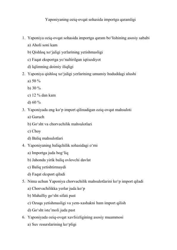 Yaponiyaning oziq-ovqat sohasida importga qaramligi