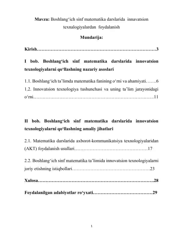 Boshlangʻich sinf matematika darslarida innavatsion texnalogiyalardan foydalanish