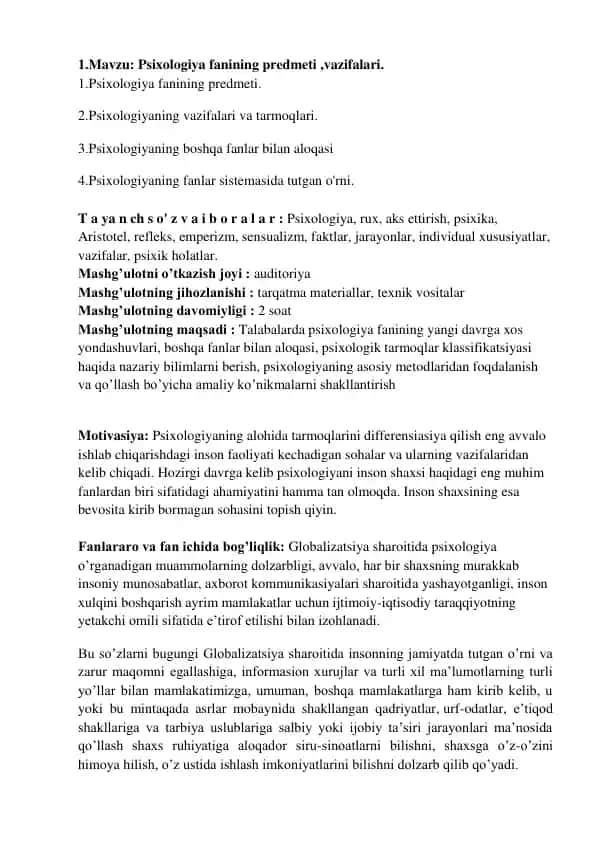 Psixologiya fanining predmeti va vazifalari
