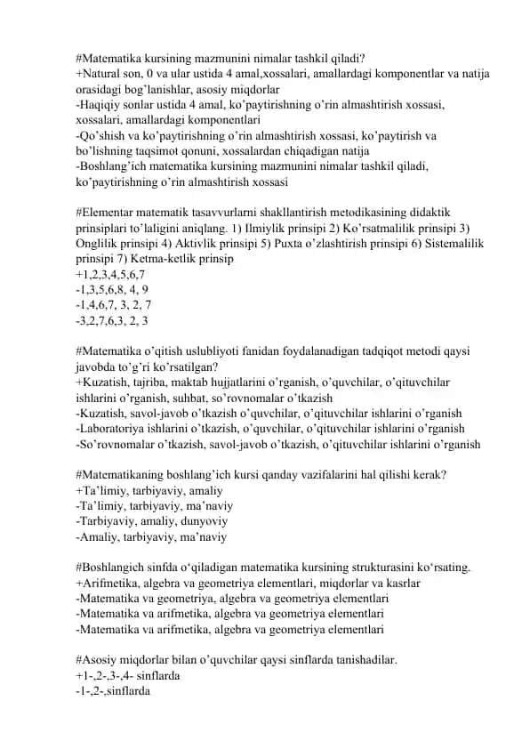 Mаtеmаtikаning bоshlаng’ich kursi vаzifаlаri