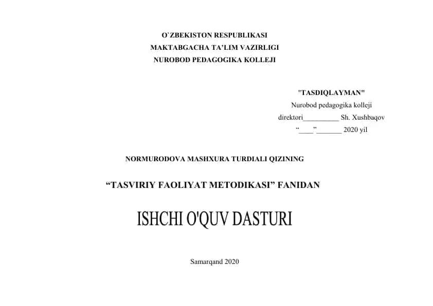 “Tasviriy faoliyat metodikasi” fanining ishchi o‘quv dasturi