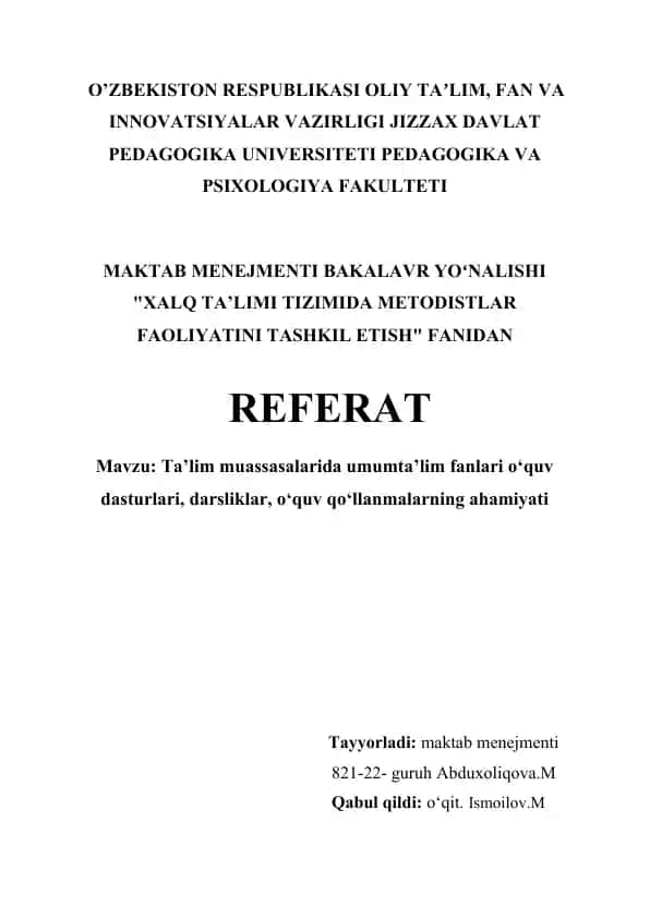 Ta’lim muassasalarida umumta’lim fanlari o‘quv dasturlari
