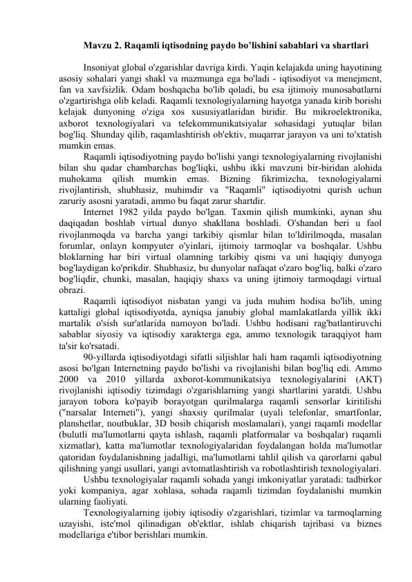 Mavzu 2. Raqamli iqtisodning paydo bo’lishini sabablari va shartlari