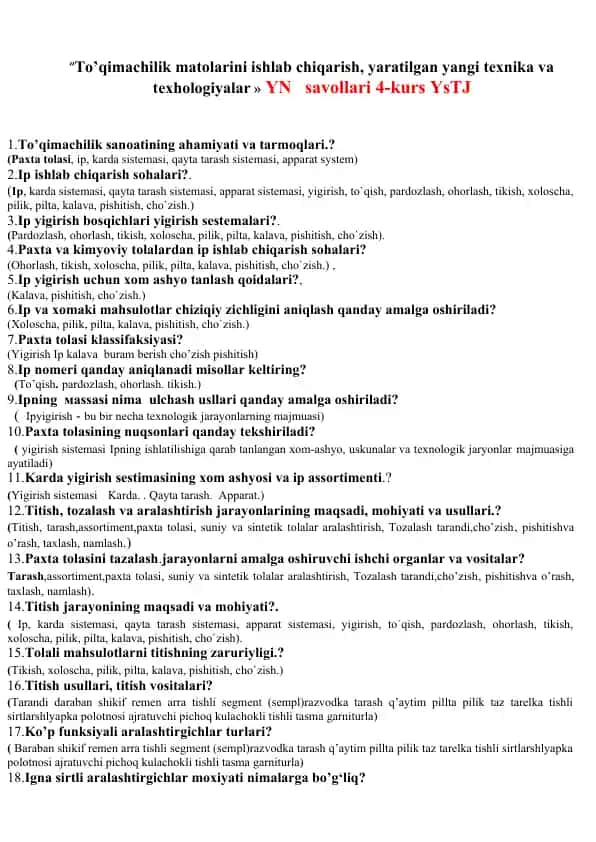 To’qimachilik matolarini ishlab chiqarish, yaratilgan yangi texnika va texhologiyalar