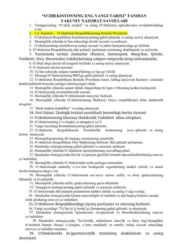 O’ZBEKISTONNING ENG YANGI TARIXI