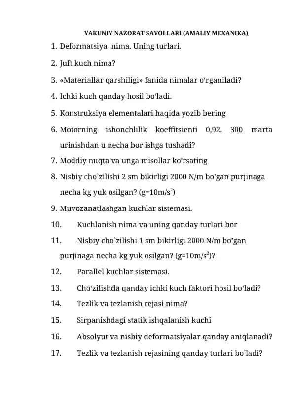 YAKUNIY NAZORAT SAVOLLARI (AMALIY MEXANIKA)