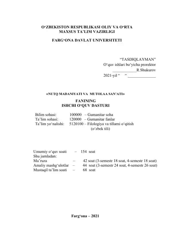 "Nutq madaniyati va mutolaa san’ati" fani dasturi