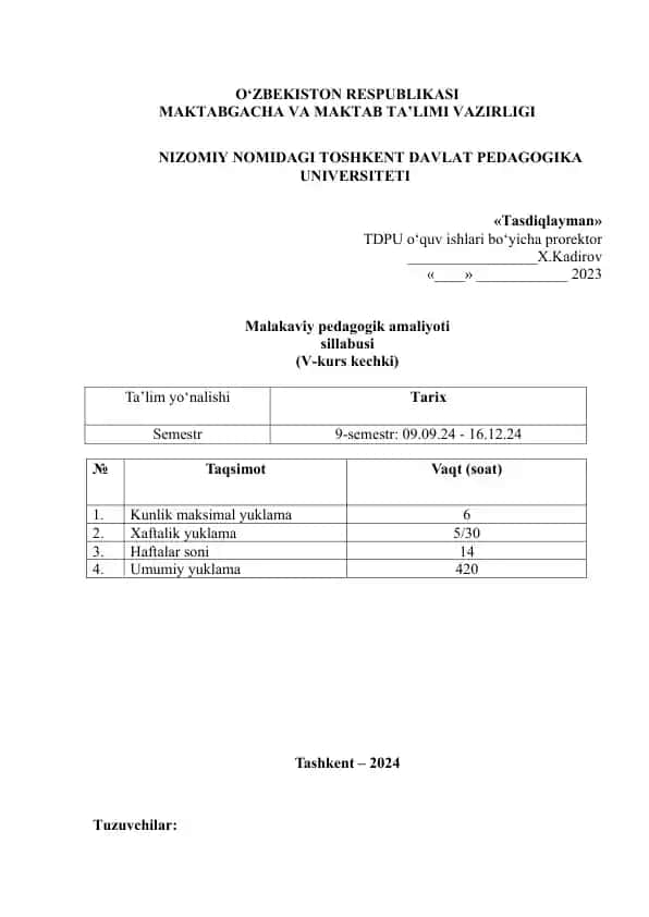 Malakaviy pedagogik amaliyoti sillabusi (V-kurs kechki)