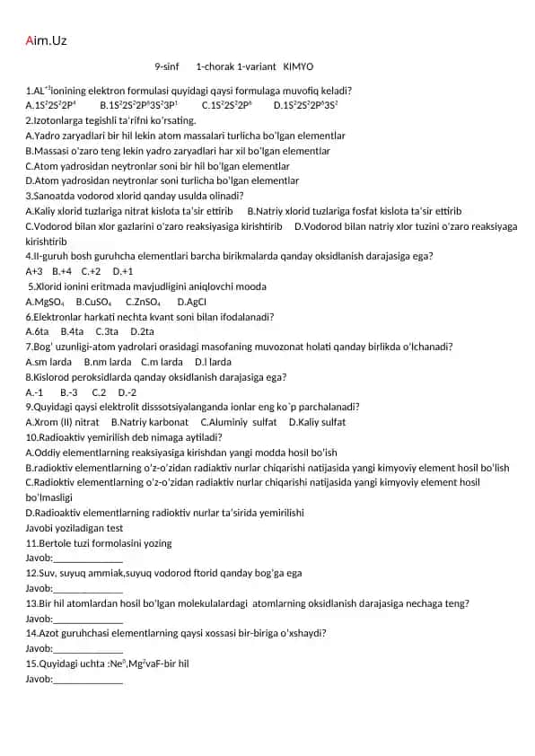 9-sinf Kimyo 1-chorak 1-variant testlari