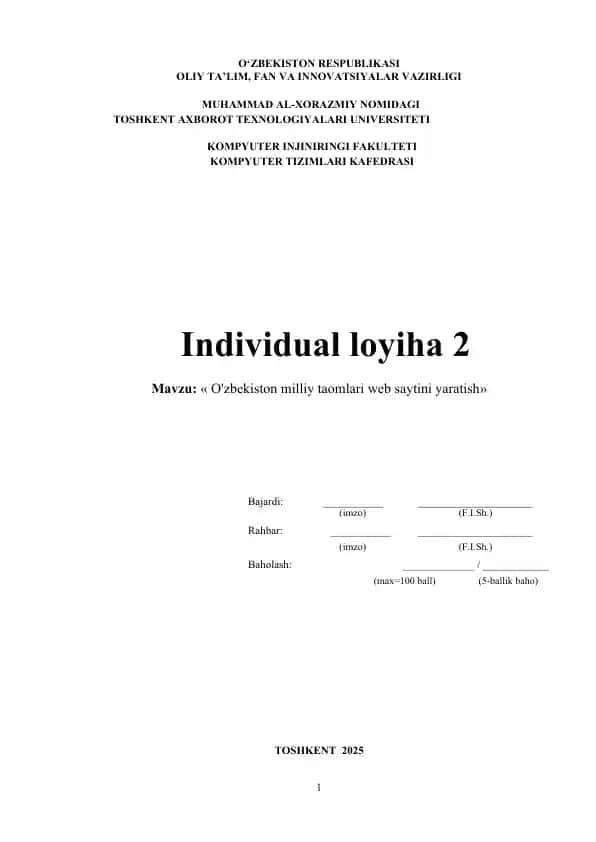 O'zbekiston milliy taomlari web sayti yaratish loyihasi