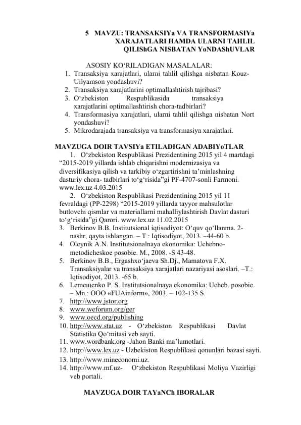 Transaksiya va transformatsiya xarajatlarining analizi