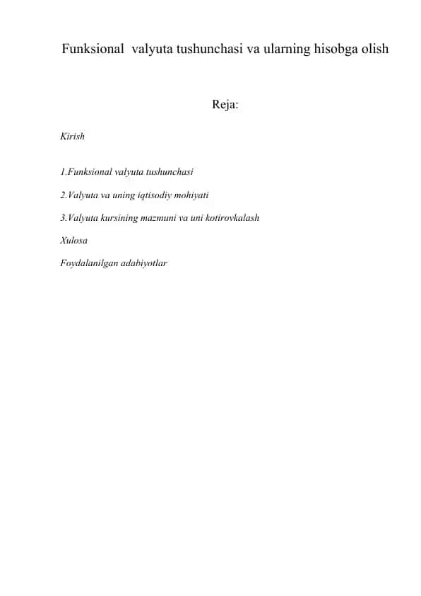Funktsional valyuta tushunchasi va ularning hisobga olish