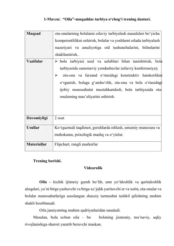 "Oila"-muqaddas tarbiya o‘chog‘i trening dasturi