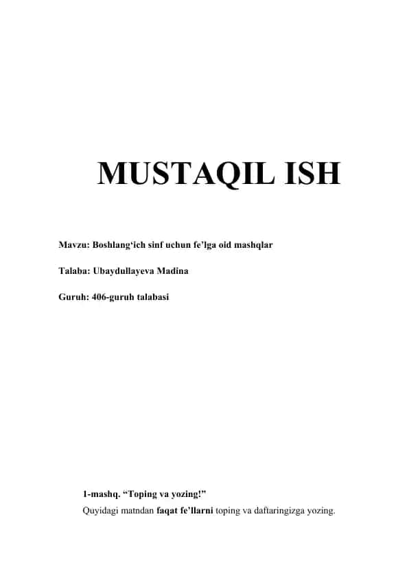 Boshlang‘ich sinf uchun fe’lga oid mashqlar