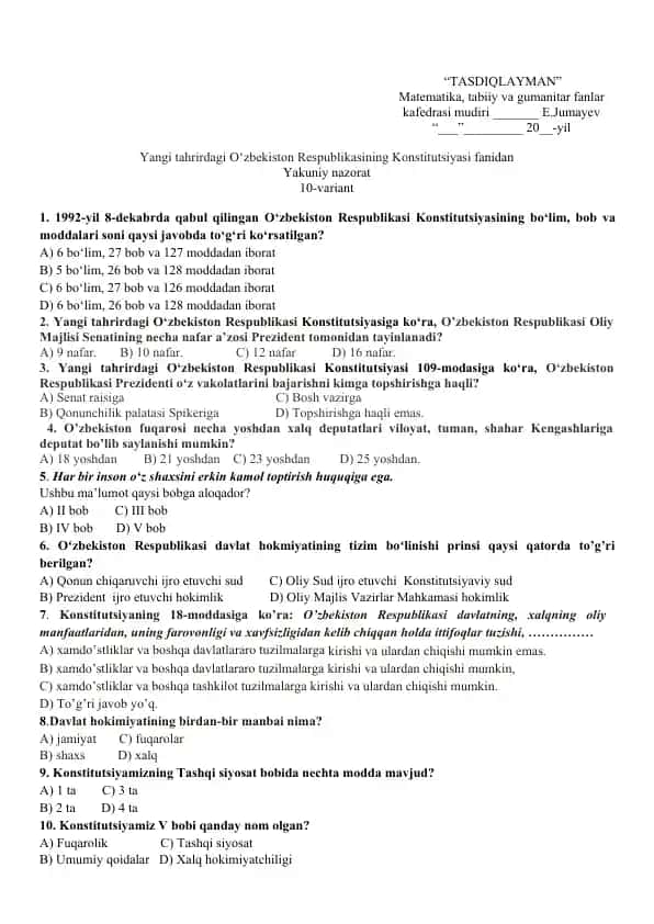 Yangi tahrirdagi O‘zbekiston Respublikasining Konstitutsiyasi fanidan