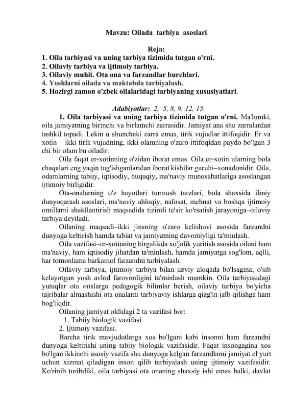 Oila tarbiyasi va uning tarbiya tizimida tutgan o'rni