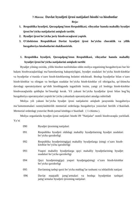 Davlat byudjeti ijrosi natijalari hisobi va hisobotlar