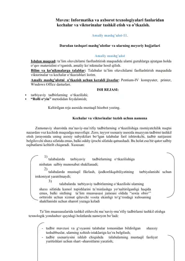 Kechalar va Viktorinalar tuzish uchun namuna
