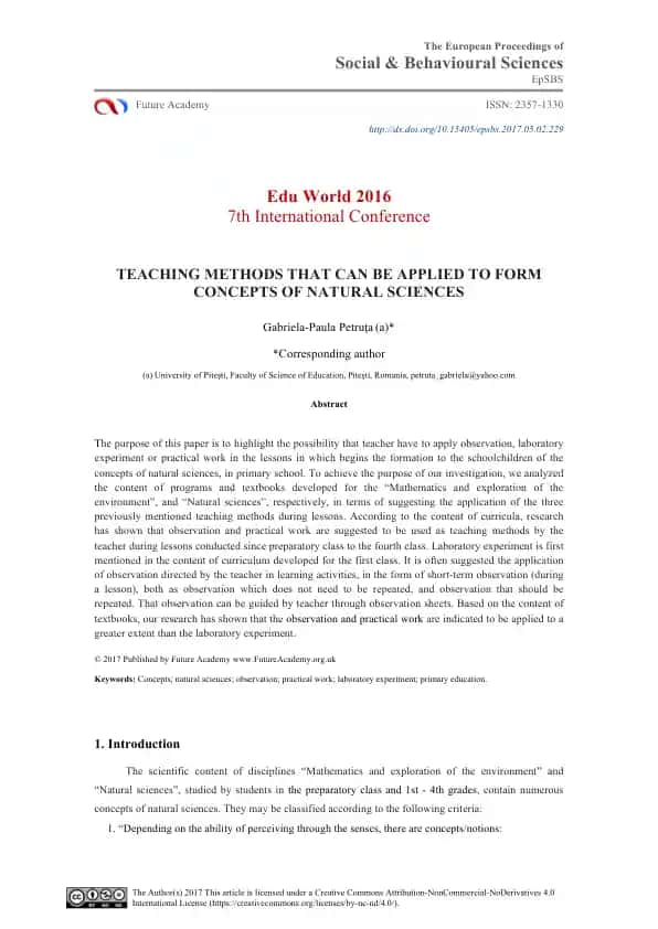 Teaching Methods for Forming Natural Sciences Concepts in Primary School